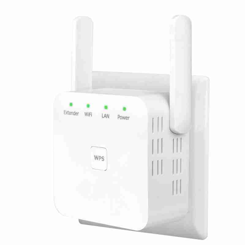 Wireless WiFi signal booster and repeater device with dual antennas, LED indicator lights for extender, WiFi, LAN, and power status, white plastic housing
