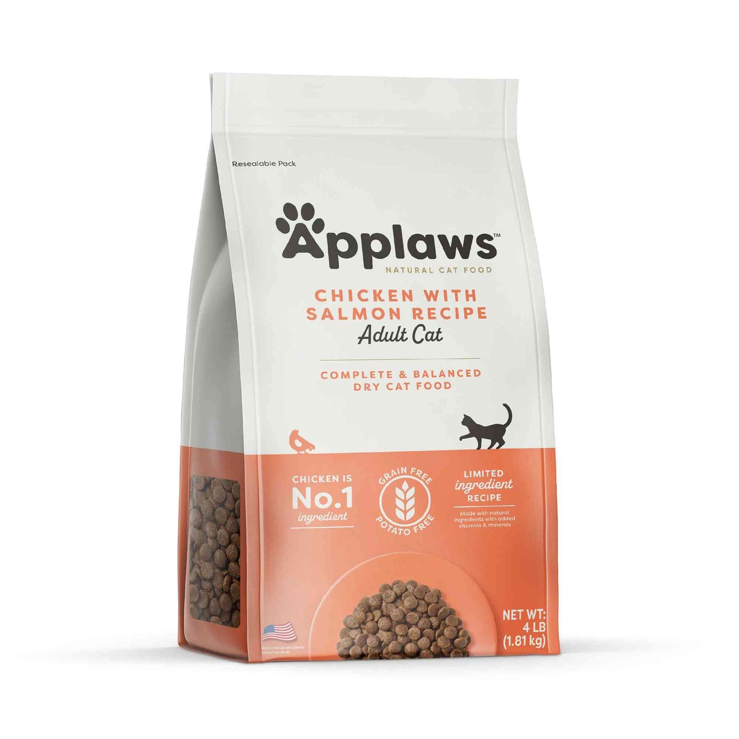 Close-up of Applaws cat food bag showing chicken and salmon flavor, with a transparent window displaying dry kibble, 4-pound size