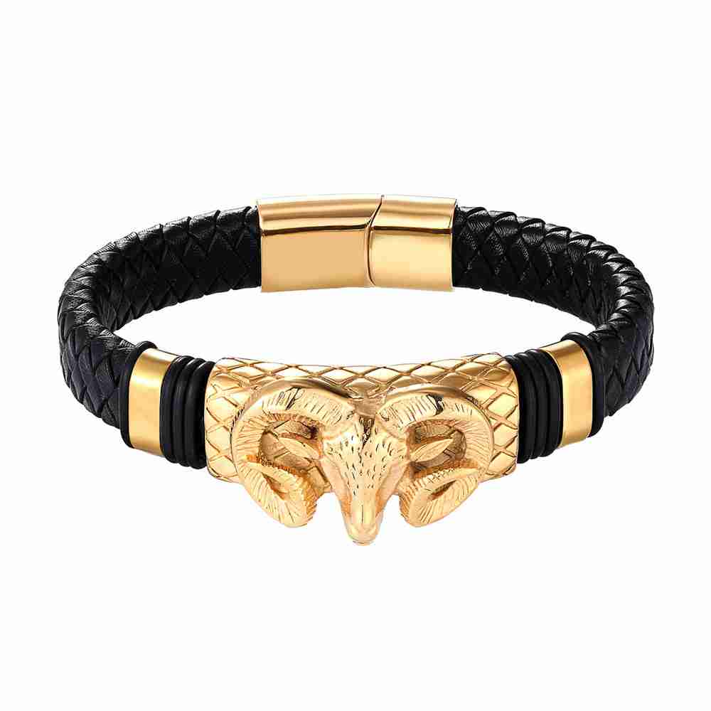 Men's constellation stainless steel braided bracelet featuring a gold ram's head centerpiece, black leather woven band, and gold accents