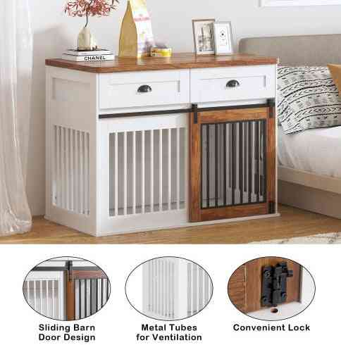 Heavy duty wooden dog cage with sliding barn door design, white finish, metal ventilation tubes, and convenient lock, ideal for pet safety.