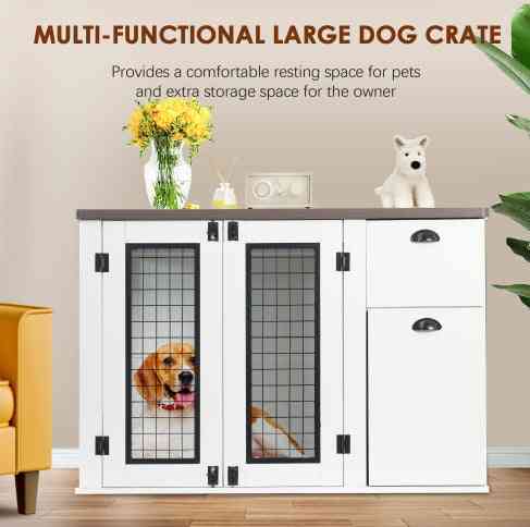Furniture style wooden dog cage with double doors and wire mesh panels, white finish, providing a spacious resting area for large pets