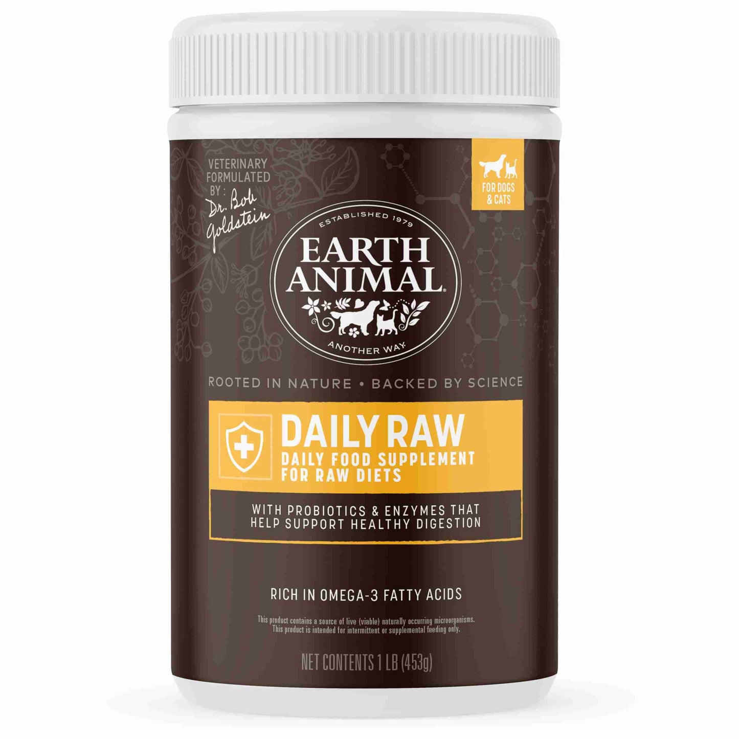 Close-up of Earth Animal Daily Raw supplement label with yellow shield icon, highlighting daily raw food supplement for pets, 1 pound SKU: B08X9FR7SS