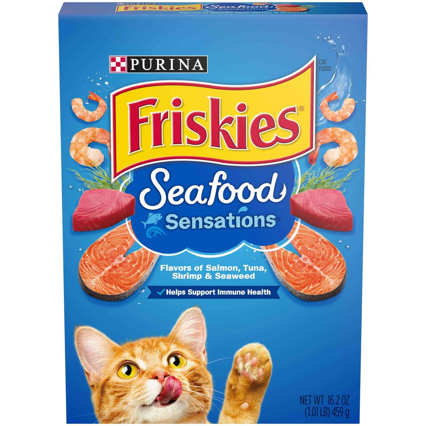 Close-up of Friskies Seafood Sensations cat food packaging with colorful seafood illustrations, highlighting flavors of salmon, tuna, shrimp, and seaweed