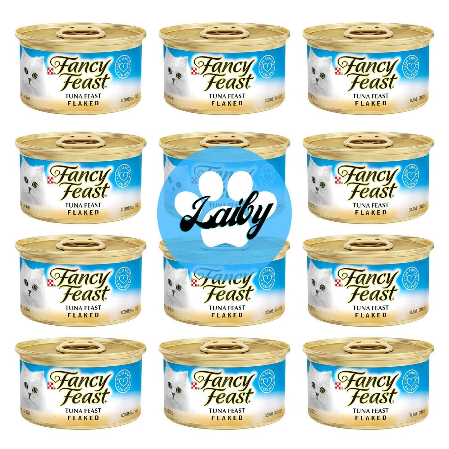 Close-up of six cans of Fancy Feast tuna flakes wet cat food, 3 oz, with gold lids and blue label featuring a white cat illustration