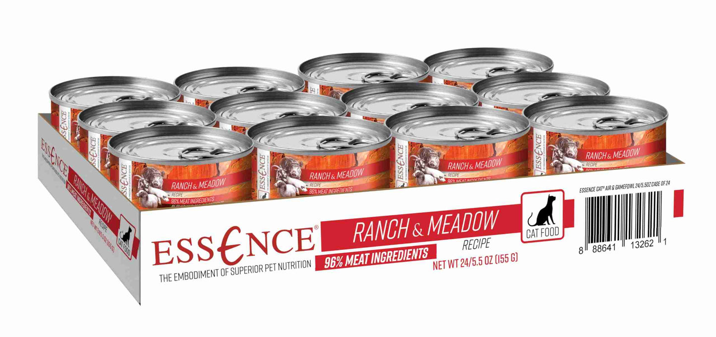 Close-up of individual Essence CAT Ranch & Meadow Wet cat food can with orange label, metal lid, and pull-tab, 5.5oz size