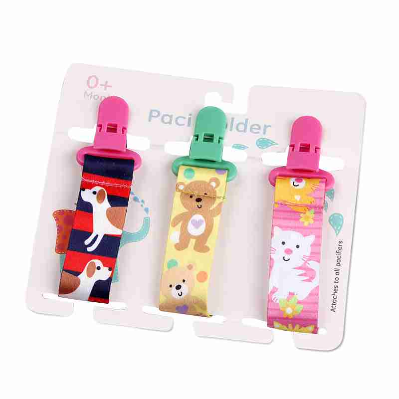 Set of three cute baby pacifier clips with whimsical designs including dogs, bears, and unicorns, made of fabric with sturdy clips.