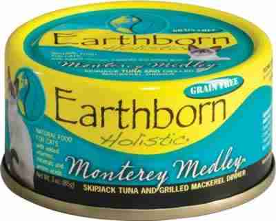 Close-up of Earthborn Holistic Monterey Medley cat food can with colorful label, showing flavor details and brand logo, SKU: B00JHR6CMM