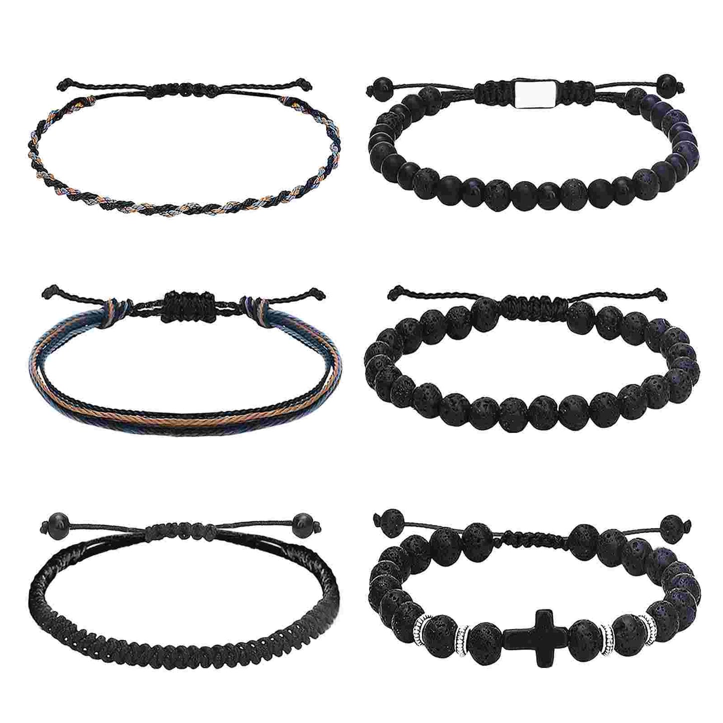Collection of black beaded and woven bracelets with adjustable cords, including obsidian, onyx, and colorful braided styles for men and women - SKU: B0DG5KPXWV