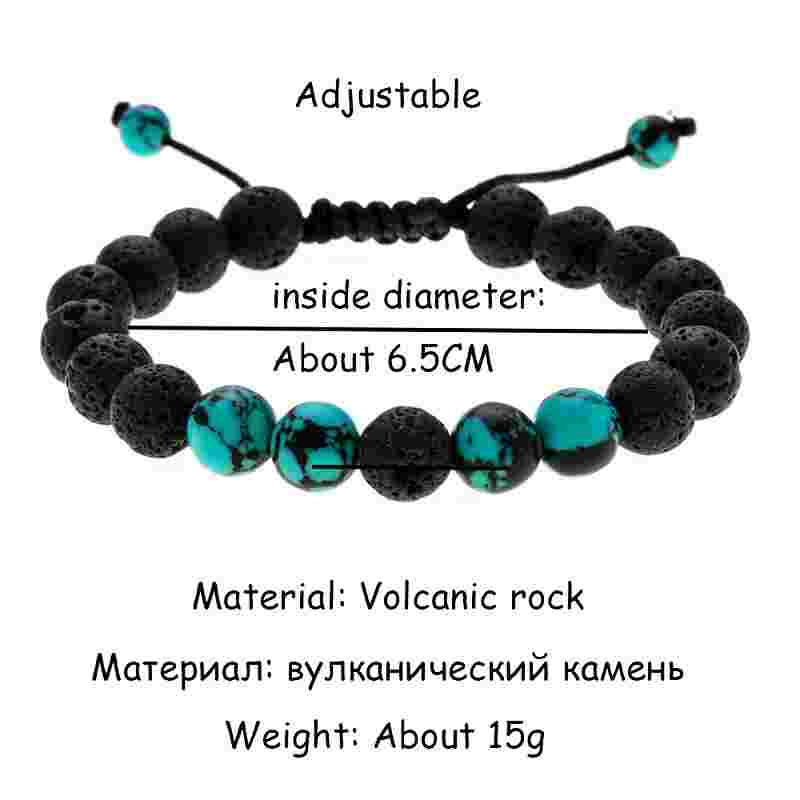Close-up of black volcanic stone and turquoise beads on adjustable bracelet, showing 6.5cm inside diameter, made from volcanic rock material