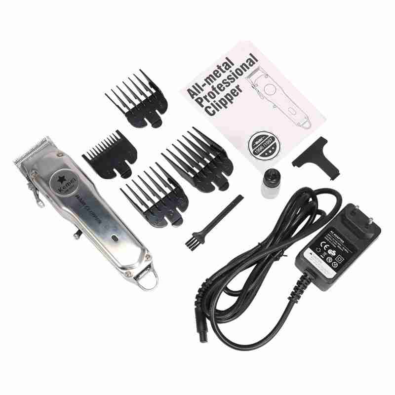 Set of professional all-metal blades, various attachment combs, power adapter, cleaning brush, and instruction manual for Kemei hair clipper
