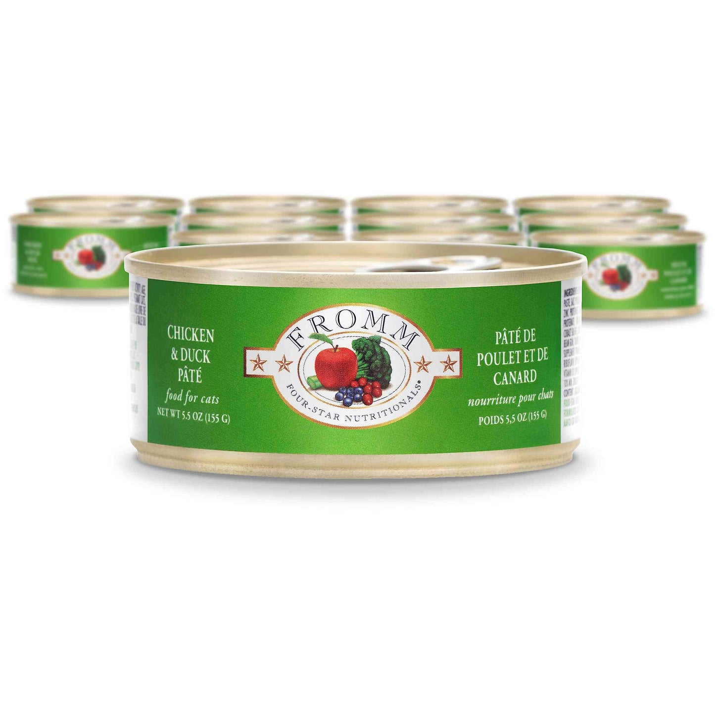 Multiple cans of Fromm Four-Star Nutritionals Chicken & Duck Pate Cat Food with green label, beige lid, and fruit illustration, 5.5 oz each