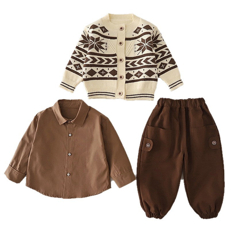 Frühlings- und Herbst-Schneeflockenpullover Langarm dreiteiliges Set