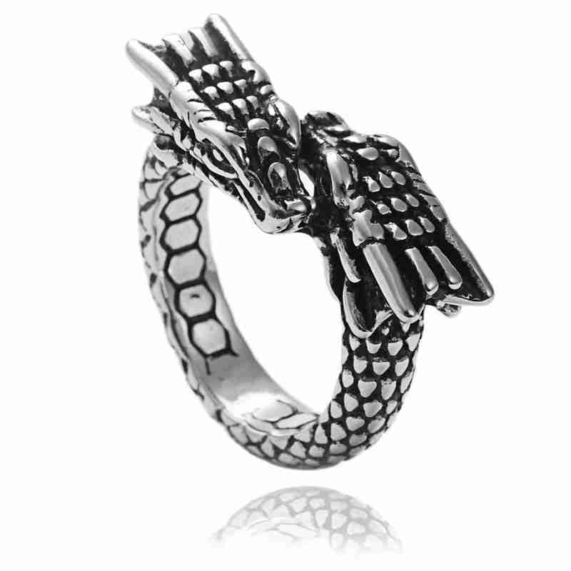 Silver dragon ring with detailed scales and wings, crafted from high-quality titanium steel, featuring a textured snake-like band for a bold look.