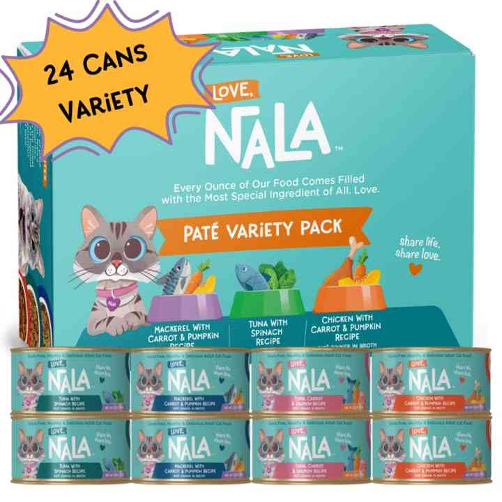 Close-up of individual LOVE NALA wet cat food cans with colorful labels, showing flavors like tuna, mackerel, and chicken, in a 24-pack carton