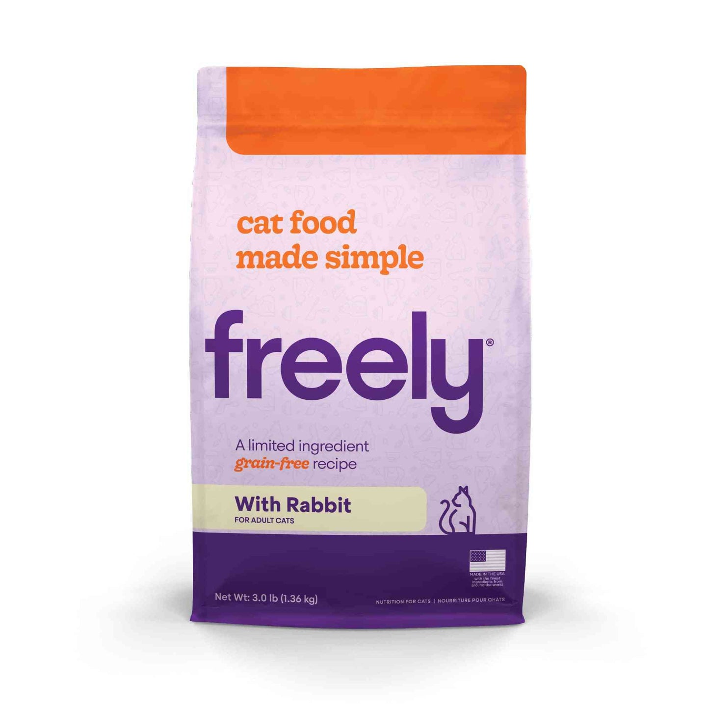 Close-up of purple Freely cat food bag showing net weight 3.0 lb, grain-free rabbit recipe, with American flag icon