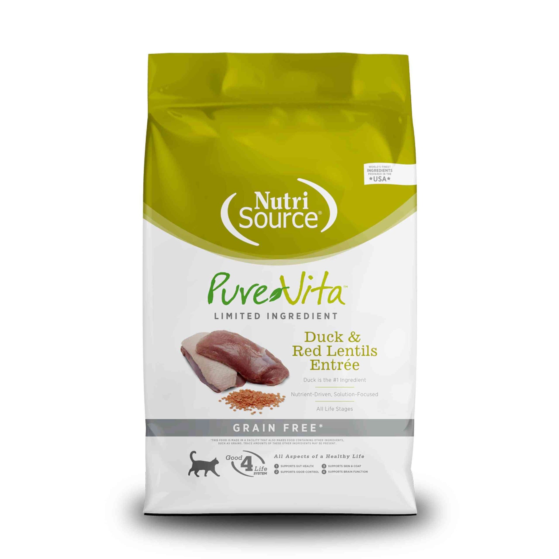 Close-up of NutriSource grain free duck cat food packaging showing a raw duck piece and red lentils, 15 lb bag, nutrient-driven formula