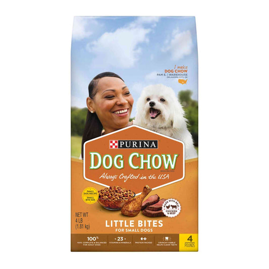 Bag of Purina Dog Chow Small Dog Grain and Real Meat Dry Dog Food, 4 lbs, featuring a smiling woman and a white fluffy dog outdoors