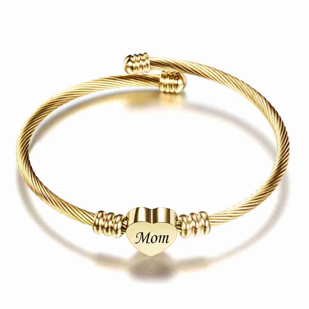 Gold stainless steel braided bracelet with heart charm engraved 'Mom', adjustable open cuff style, perfect Mother's Day jewelry - SKU: 1781289500743852041