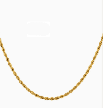 Gold plated stainless steel twist chain necklace with a sleek, twisted rope design, perfect for stylish everyday wear.