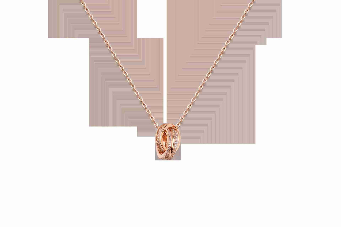 Rose gold-tone double ring necklace with chain, featuring intertwined rings pendant with embedded stones, fashionable jewelry