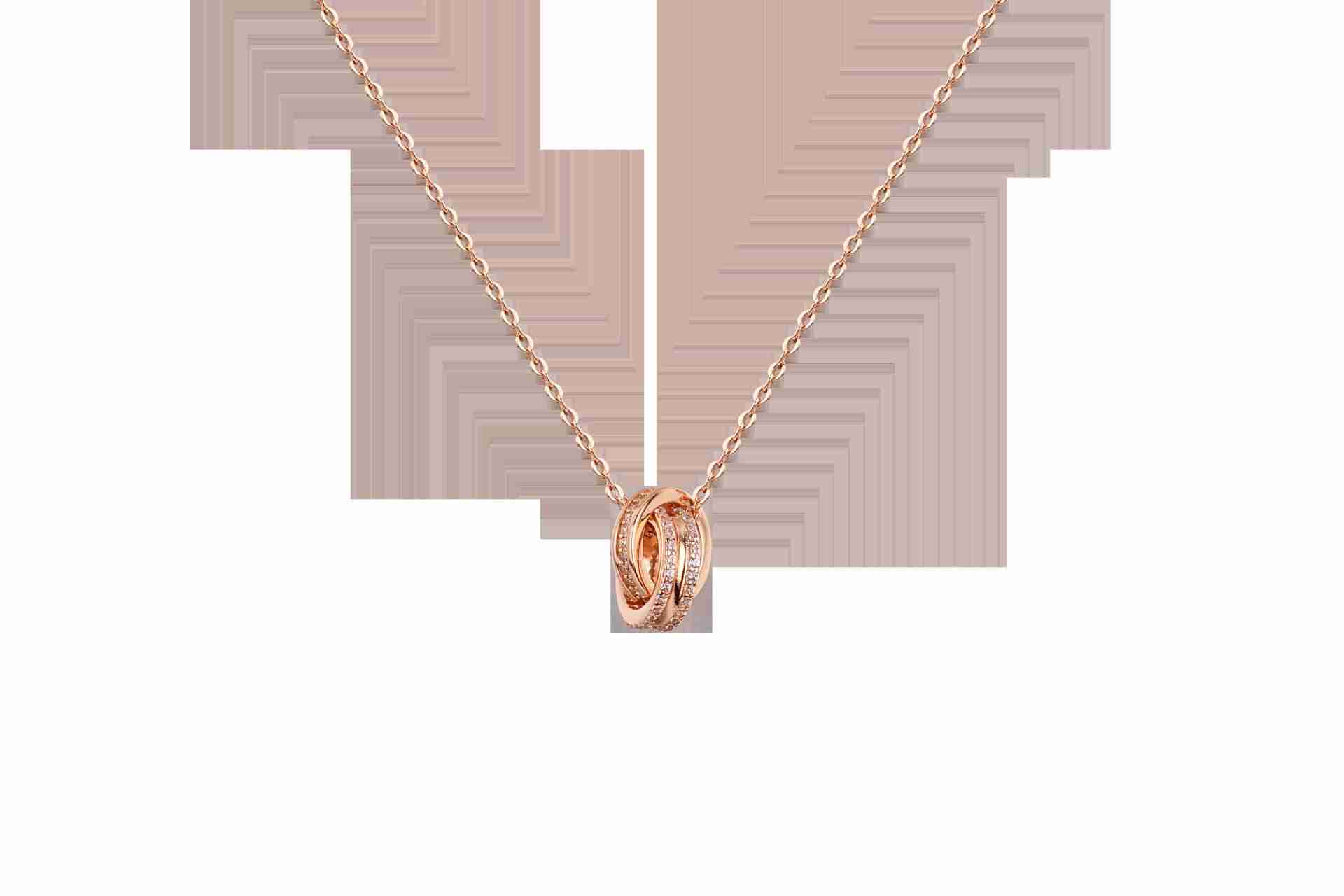 Rose gold-tone double ring necklace with chain, featuring intertwined rings pendant with embedded stones, fashionable jewelry