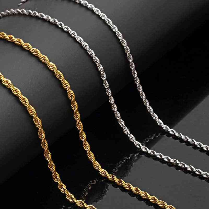 Silver and gold twisted rope chain necklaces made of stainless steel, showcasing durable, fashionable jewelry for men and women.
