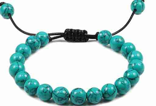 Turquoise and black beaded bracelet with 8mm obsidian, agate, volcanic rock beads on adjustable black cord for unisex style