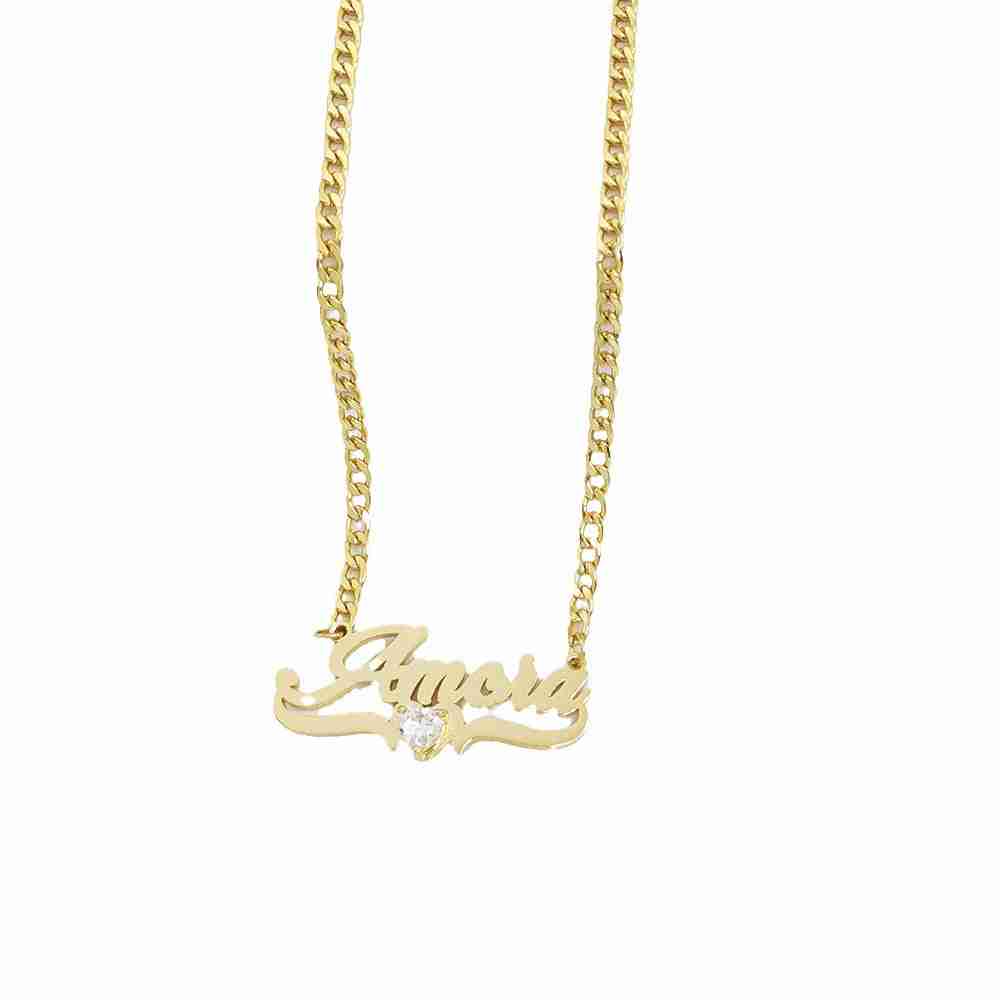 Gold personalized name necklace with chain, matching hoop earrings, and heart-shaped birthstone, fashionable jewelry accessory