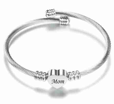 Silver braided stainless steel bracelet with a heart-shaped 'Mom' charm, elegant Mother's Day jewelry gift