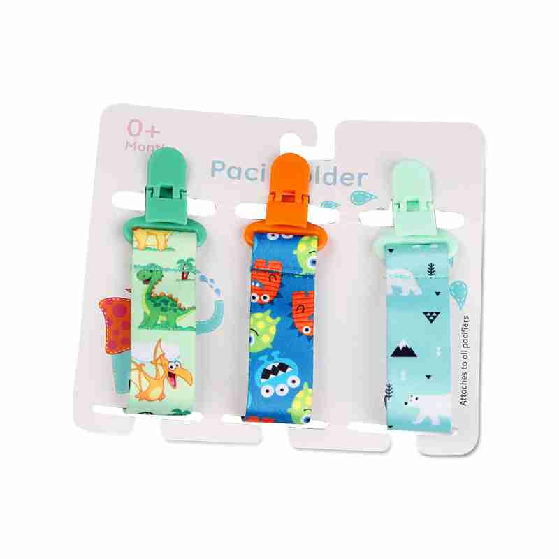 Green and orange baby pacifier teether clips with animal and nature motifs, durable clips, and fabric straps for infants