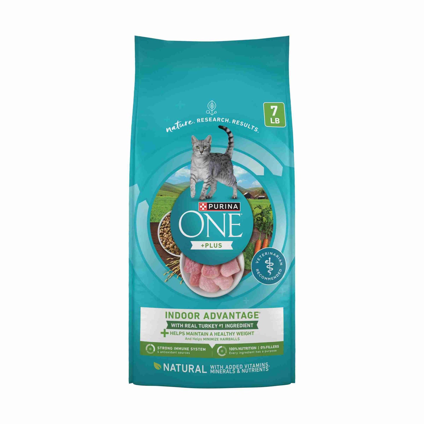 Purina ONE Indoor Advantage cat food bag in teal with a gray tabby cat, featuring natural ingredients, 7 lb weight, and health benefits