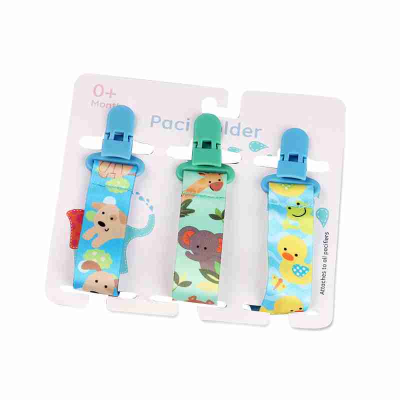 Set of six baby pacifier teether clips with playful animal and nature designs, sturdy clips, and fabric straps for safety