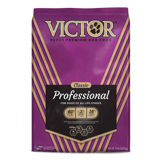 Purple bag of Victor Super Premium Dog Food with gold and black accents, labeled 'Professional' for high-energy, active dogs, 15 lbs