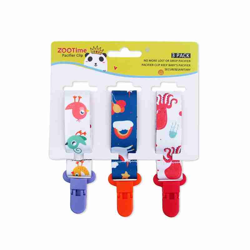 Colorful baby pacifier clips with geometric, striped, and polka dot patterns, soft fabric straps and secure plastic clips for infants
