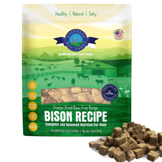 Green and beige bag of Shepherd Boy Farms freeze dried raw dog food with farm landscape illustration, featuring chunks of freeze-dried dog food, all natural ingredients, and USA sourced label