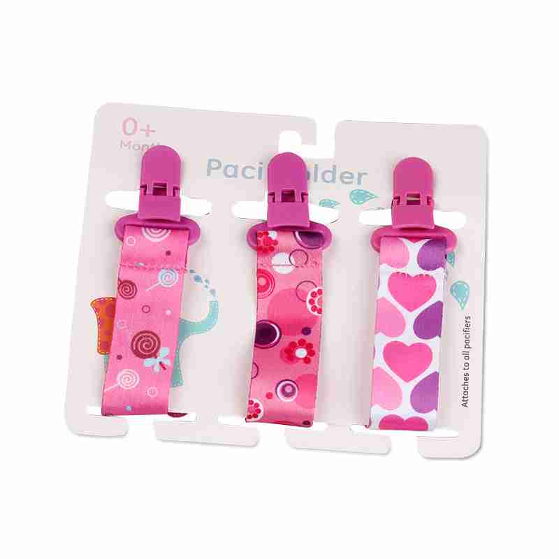 Pink-themed baby pacifier teether clips with playful designs, sturdy clips, and soft fabric straps for infants