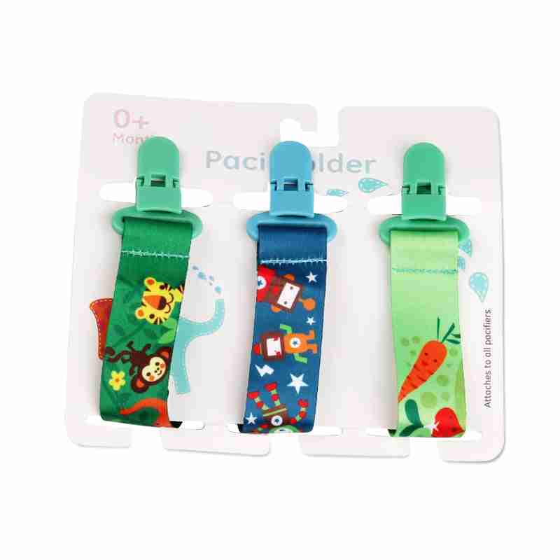 Collection of three adorable baby pacifier clips featuring animal and nature motifs like dogs, bears, and unicorns, with secure plastic clips.