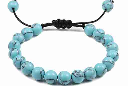 8mm turquoise gemstone beaded bracelet with black adjustable cord, round polished beads, ideal for casual or bohemian style accessories