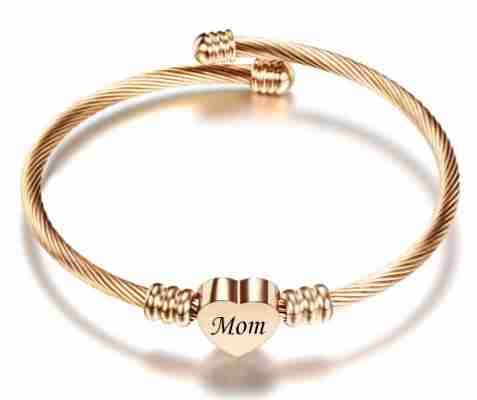 Rose gold braided stainless steel bracelet with a heart-shaped 'Mom' charm, perfect Mother's Day gift, stylish and sentimental