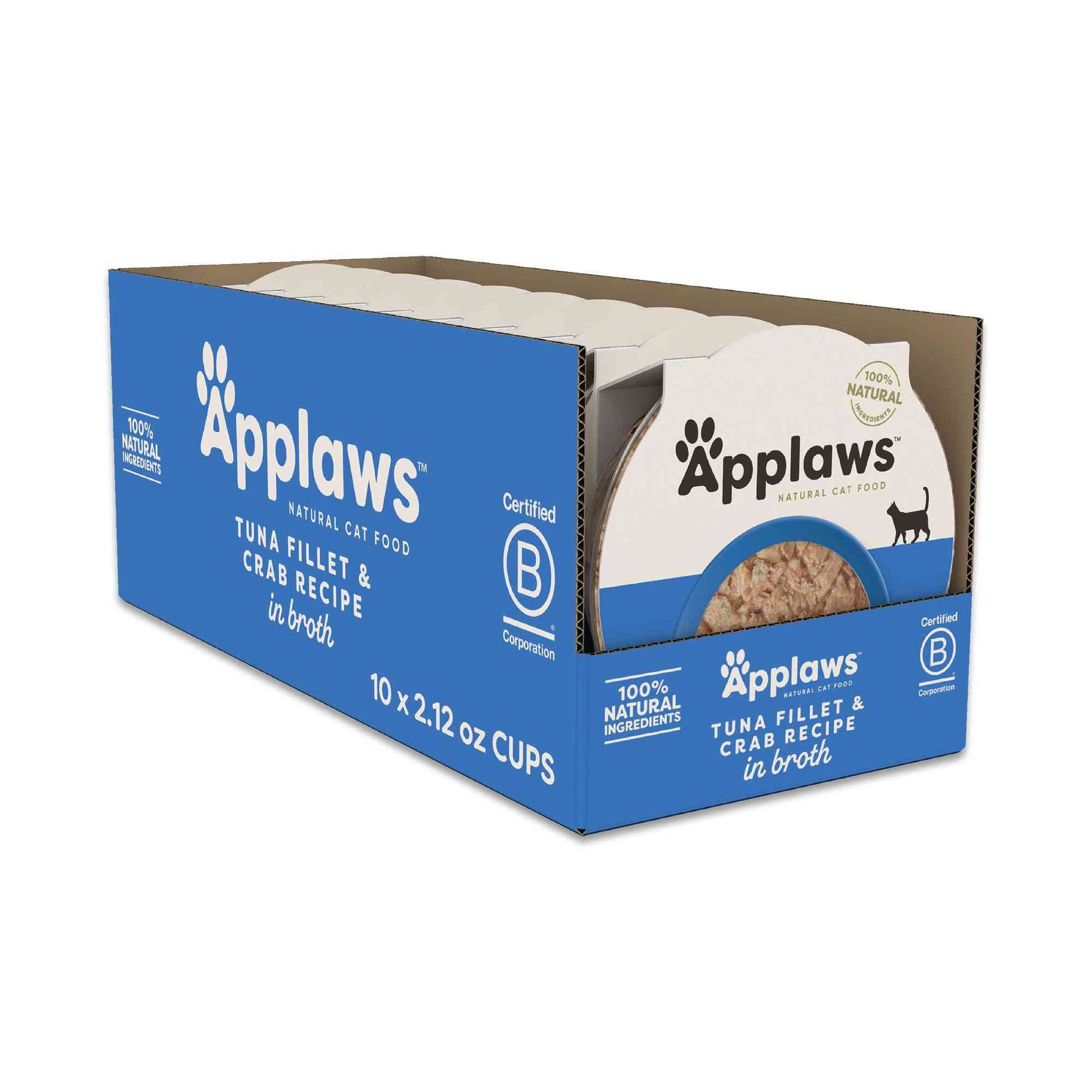 Box of Applaws natural wet cat food in broth with tuna fillet and crab in 10 blue and white cups, grain-free, no artificial ingredients