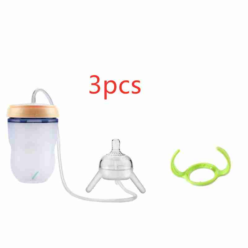 Set of three baby pacifiers with different designs, including a silicone sippy cup with straw and a green teething ring