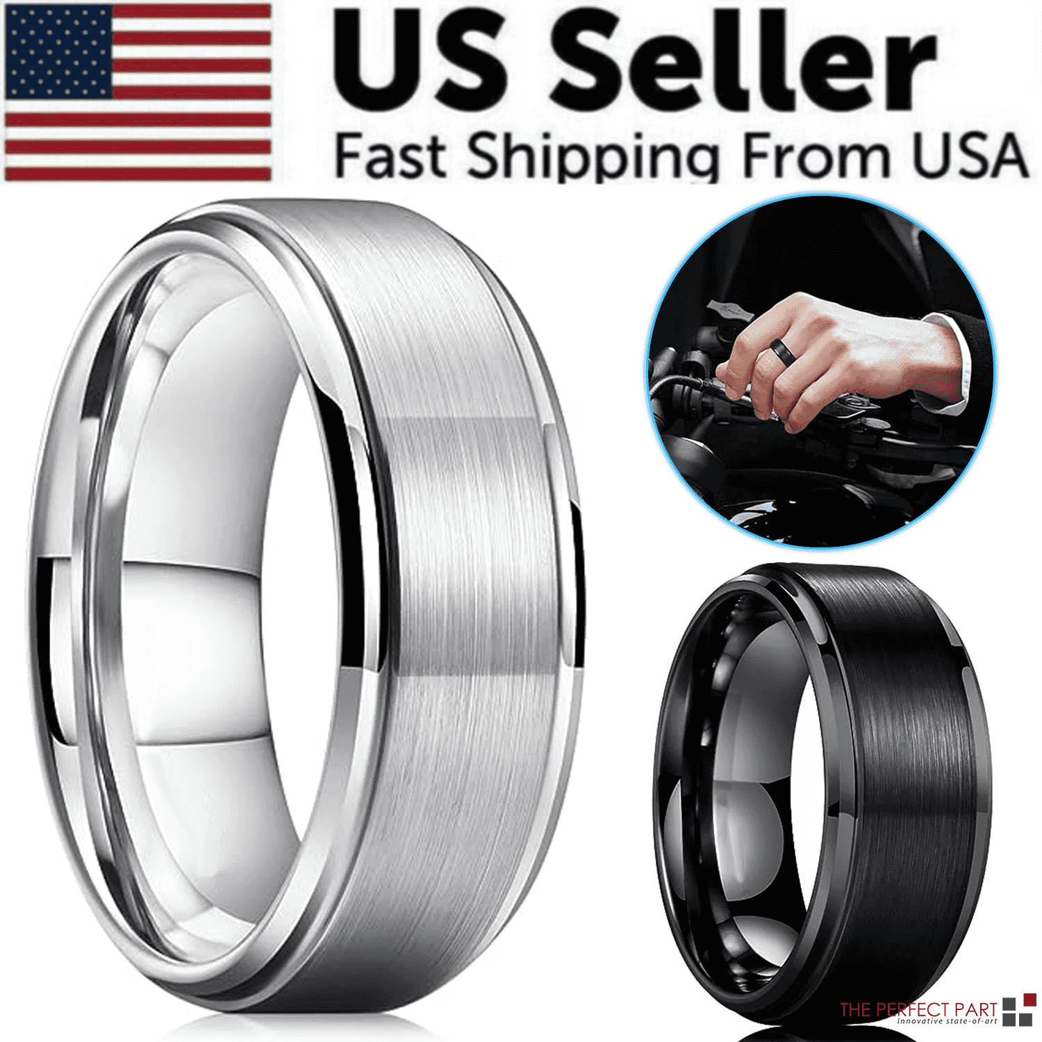 Brushed silver tungsten carbide wedding band ring with sleek design, perfect for men's jewelry, size 5-17 + half