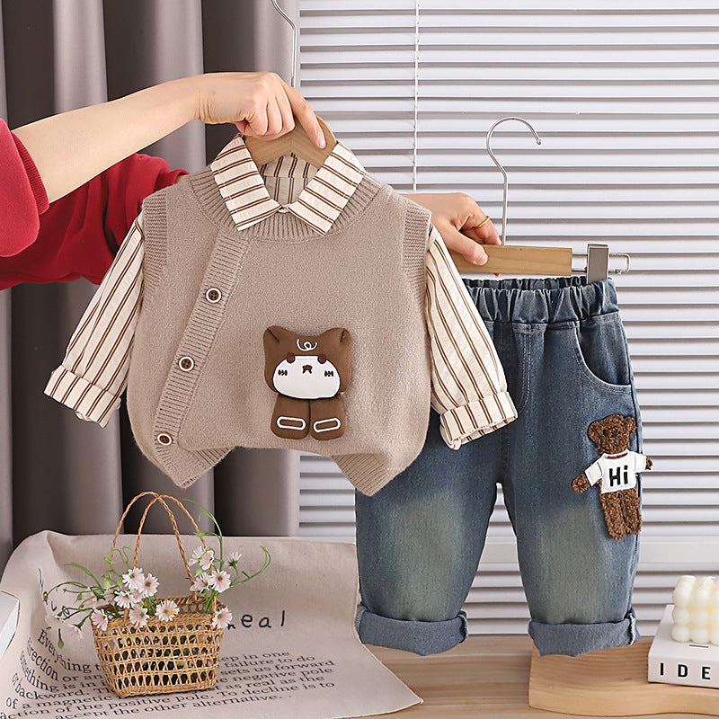 Cartoon-Sweater-Weste-Dreiteiler-Set für Frühling und Herbst