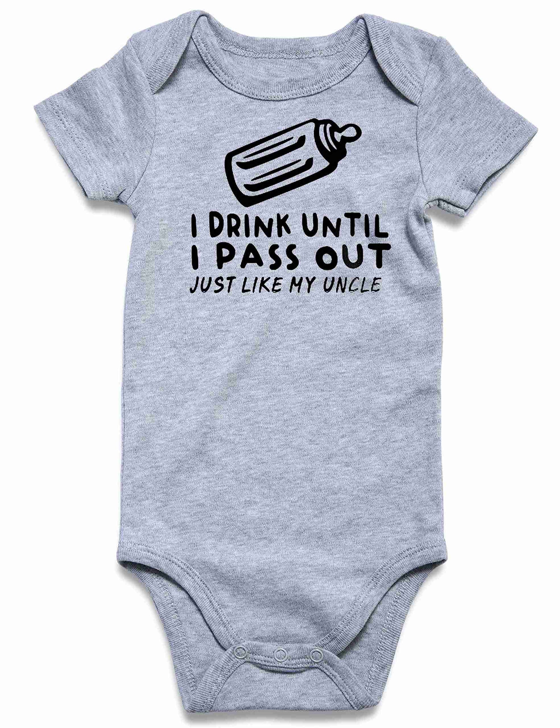 Close-up of gray baby bodysuit featuring a playful graphic and text, designed for boys, made of comfortable cotton material