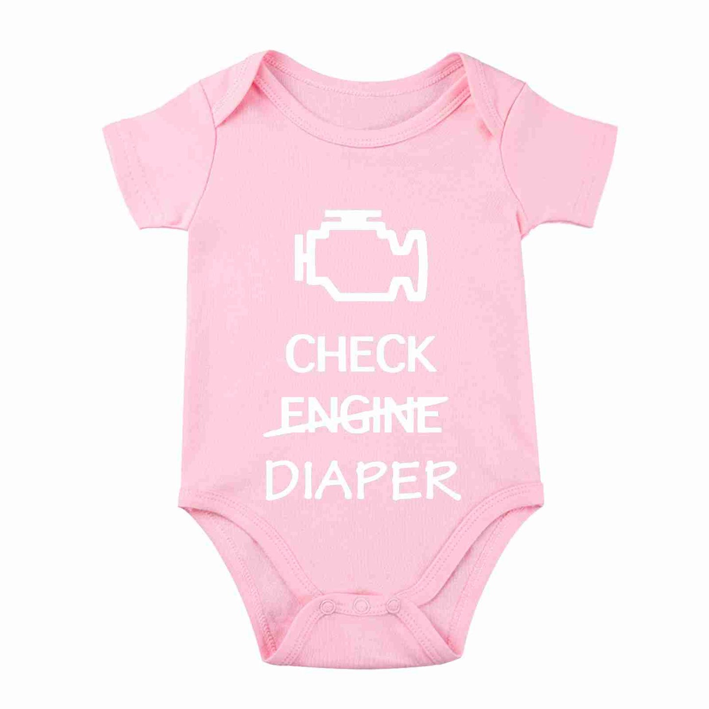 Pink baby bodysuit with a white check engine icon and humorous text, made of soft cotton, size 6 months, with snap closures at bottom.