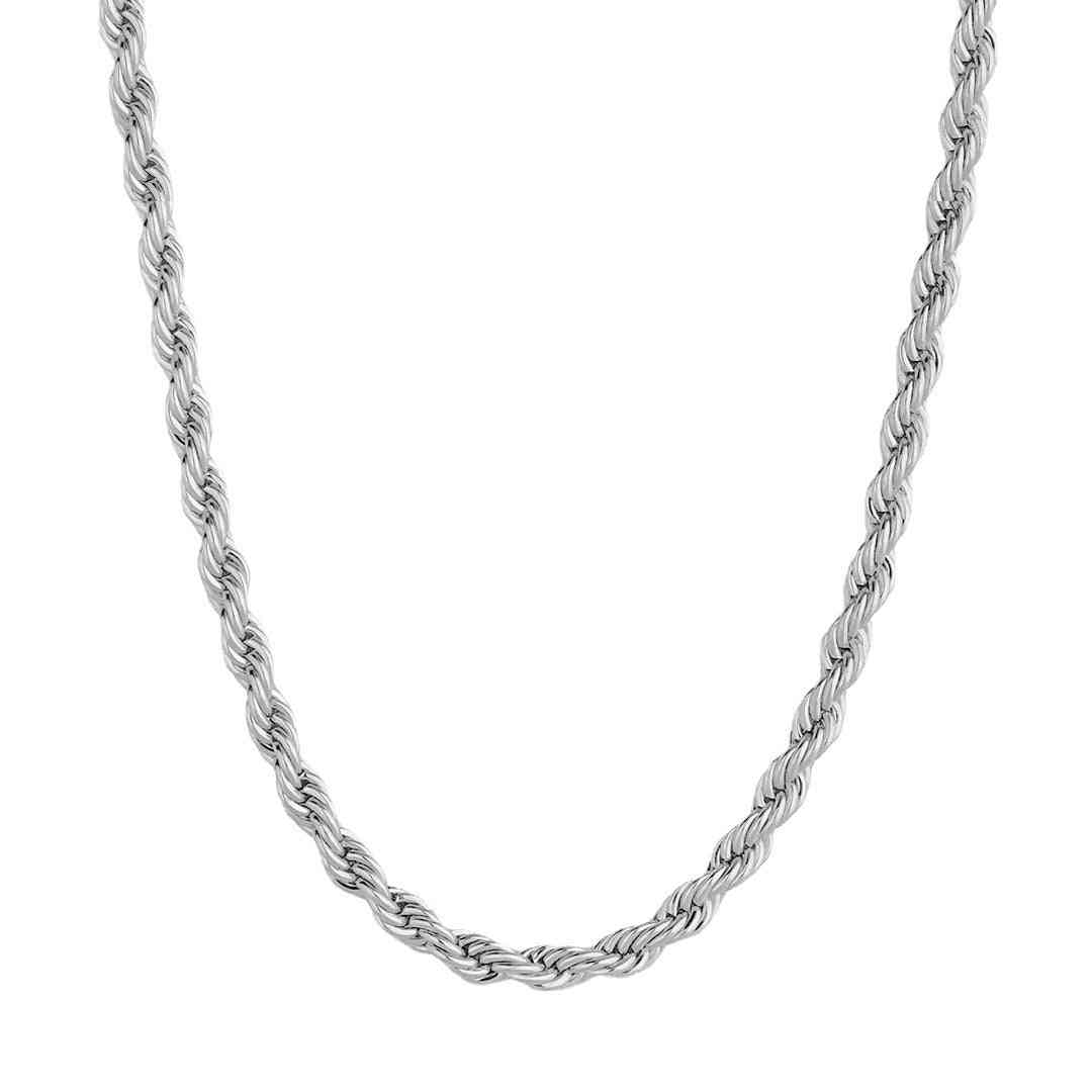 Silver stainless steel twist chain necklace with a twisted rope pattern, showcasing durable, fashionable jewelry for men and women.