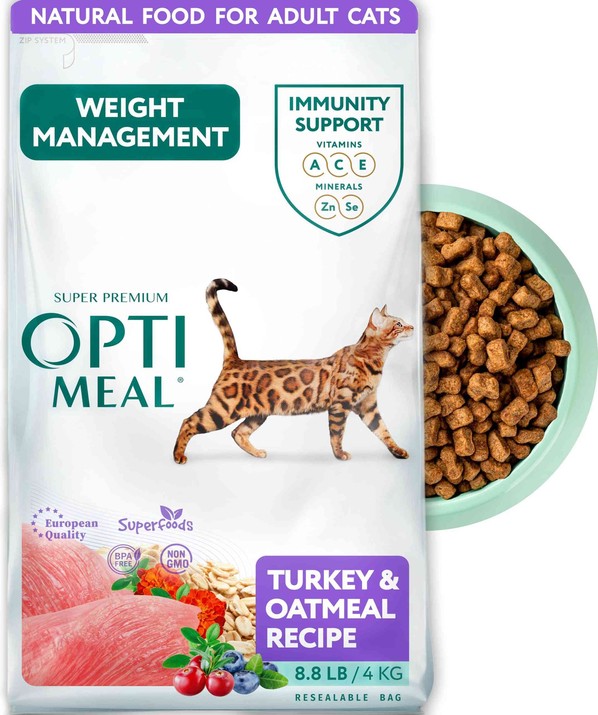 Close-up of the OPtimeal Weight Control Cat Food bag showing dry kibble inside a mint green bowl, highlighting the product's texture and quality for adult cats.