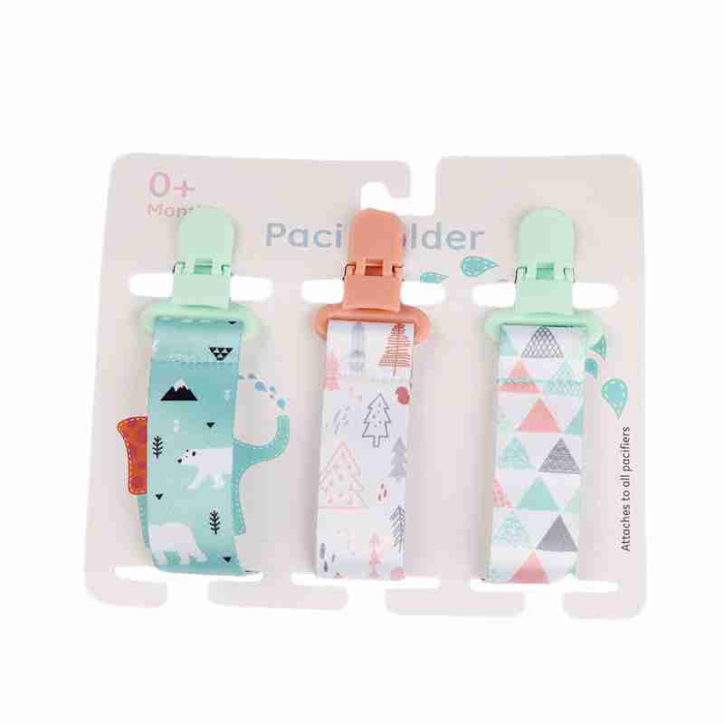 Cute baby pacifier teether clips featuring animal and nature prints in pastel colors, plastic clips, and secure attachment.