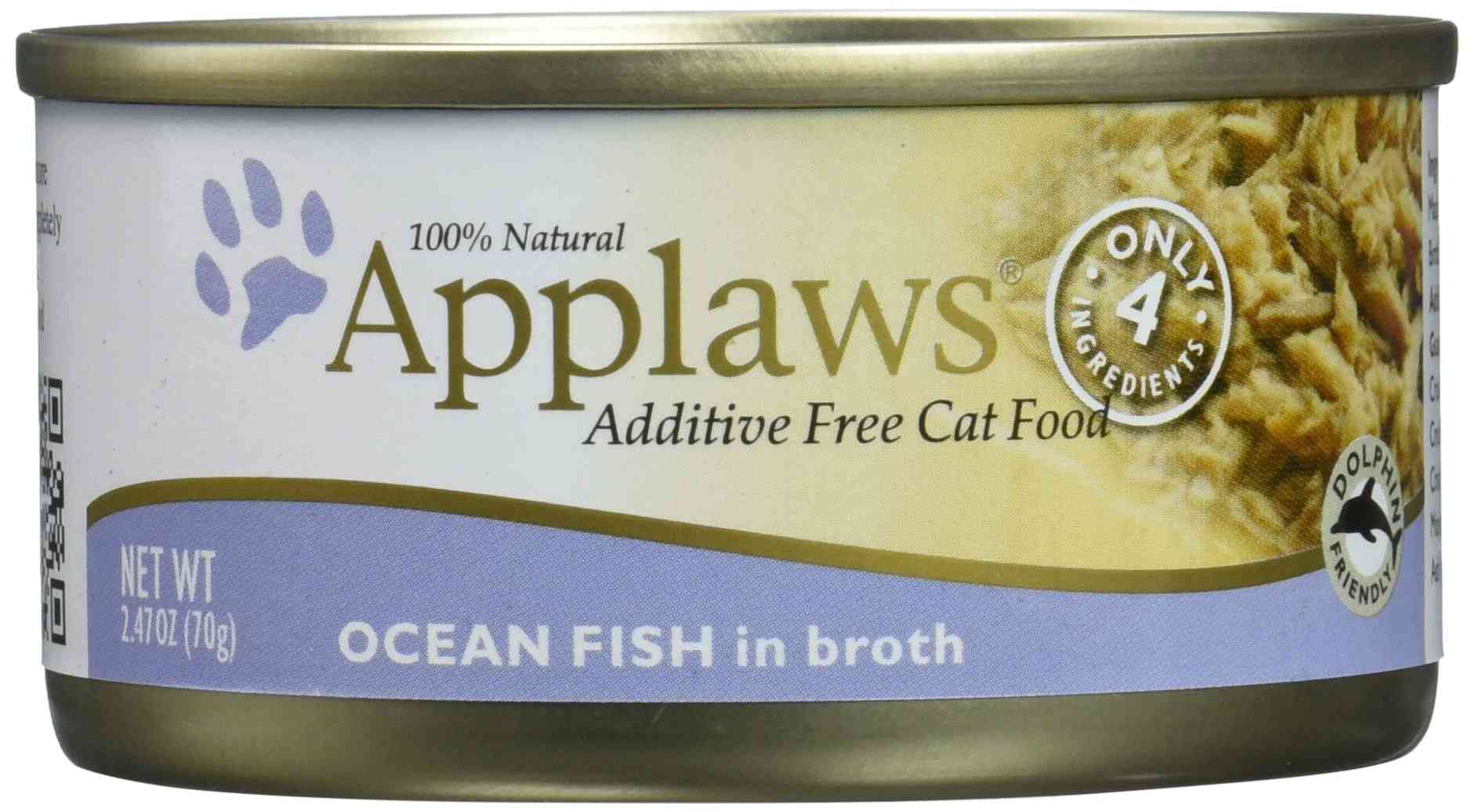 Close-up of the Applaws Ocean Fish canned cat food label showing a creamy fish in broth, natural ingredients, and eco-friendly dolphin logo