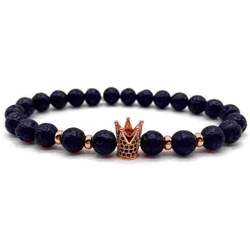 Black volcanic stone beaded stretch bracelet with rose gold crown charm, lava stones, elastic band, trendy accessory